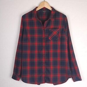 Eddie Bauer Women's L Plaid Flannel Shirt Red Navy Button Down Soft Outdoor Fall